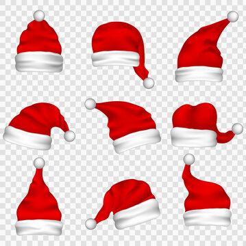 Collection of red santa hats.  New Year Red Hat Isolated on White Background. Vector illustration.
