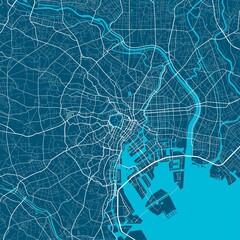 Detailed map of Tokyo city, linear print map. Cityscape panorama.