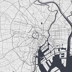 Urban city map of Tokyo. Vector poster. Grayscale street map.