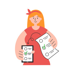 Redhead young woman with election list and smartphone in hands flat hand-drawn illustration. Electronic vote, online poll, making choice concept. Vector design for web banner, advert, social media.