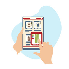 Online clothing store. Easy shopping by phone. A hands choose goods.