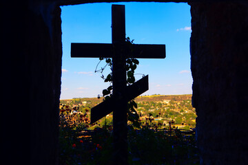 View of the silhouette of the cross . Symbol of Christianity