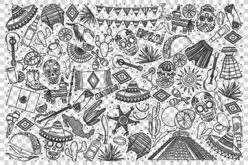 Mexico doodle set. Collection of hand drawn sketches templates of mexican culture architecture and national cuisine on transparent background. Latin american country tratidions illustration.