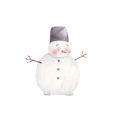 new year and christmas characters, snowman with sticks and carrot, with a bucket on his head, watercolor illustration on a white background