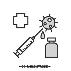 Covid vaccination icon. Syringe, medical cross, corona virus molecule and vaccine container linear pictorams. Concept of collective immunization and pandemic end. Editable stroke vector illustration