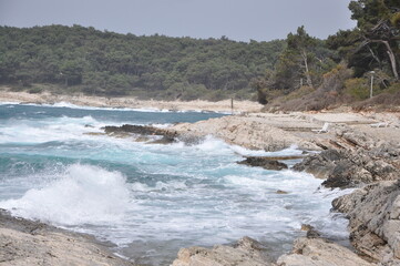 Stormy weather on sea with big waves breaking on coast. waves on the beach, movement