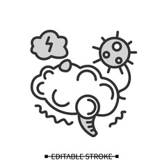 Neurological disorder icon. Covid caused post-traumatic stress syndrome linear pictogram. Corona virus brain health effects and cerebral dysfunction concept. Editable stroke vector illustration