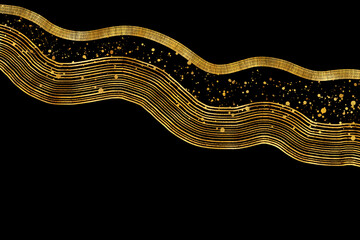 Golden wavy stripes and spatters on black background. Digital illustration for greeting, gift, wedding, invitation, business card, web design