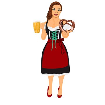 recommend clip art: Girl with a glass of beer and a pretzel in traditional Oktoberfest clothing