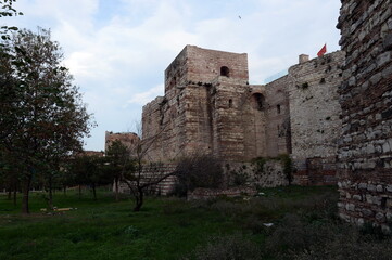 Fototapeta na wymiar Blachernae section of the old fortress walls in Istanbul. Turkey