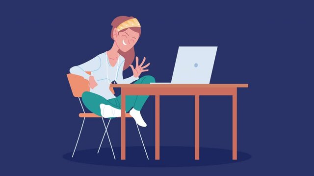 young woman in telework using laptop in table