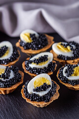 delicious snack tartlets on dark stone background