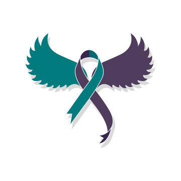 Teal purple ribbon with wings for suicide prevention and awareness. Flat style illustration. Isolated on white background. 
