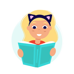 A girl reading a book in a cat costume. Love reading concept. Template for banner, postcard, card, invitation. Vector Illustration in flat style.
