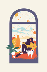 Vector illustration young woman sitting in the window and drinking tea or coffee. Fall season conception.