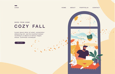 Landing page template for websites with young man sitting in the window and working online at home. Fall season conception.