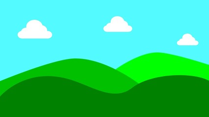 Beautiful summer fields landscape with a dawn, green hills, bright color blue sky, background in flat style, banner.