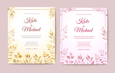 Vector Botanical design cards with leaves. Templates for wedding invitation, greeting card, banner, flyer, poster, save the date 
