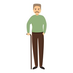 Man mustache with walking stick icon. Cartoon of man mustache with walking stick vector icon for web design isolated on white background