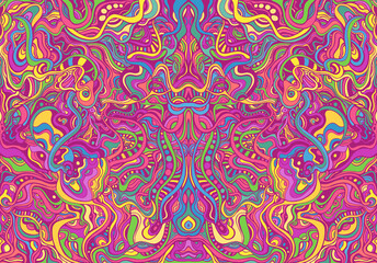 Symmetrycal motley hippie trippy psychedelic abstract pattern with many intricate wavy ornaments, bright neon multicolor color texture. - obrazy, fototapety, plakaty
