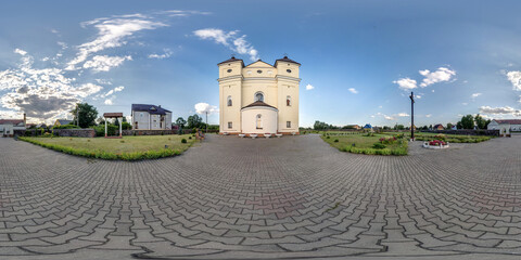Full seamless spherical hdri panorama 360 degrees angle near facade of decorative medieval style...