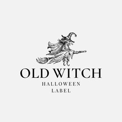 Obraz premium Halloween Logo or Label Template. Hand Drawn Old Witch Flying on the Broom Sketch Symbol and Retro Typography.