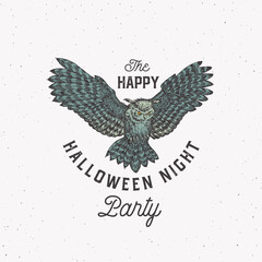 Fototapeta na wymiar Flying Owl Night Party Vintage Style Halloween Logo or Label Template. Colored Hand Drawn Bird Sketch Symbol with Retro Typography. Shabby Texture Background.