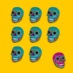 Kleurrijke Mexicaanse schedels op een gele achtergrond