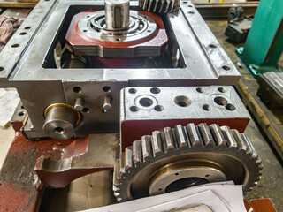 Gearbox assembly in the workshop. Mechanical transmission with g