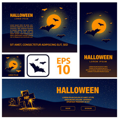 Halloween banners set for social networks with bats flying over full moon background.