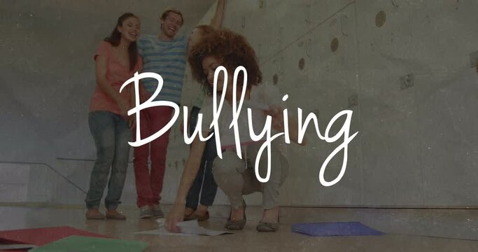 Bullying text against group of college students making fun of girl in college against flickering bac
