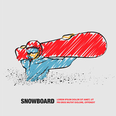 Snowboarder with a board on his shoulders. Vector outline of snowboarding with scribble doodles style drawing.
