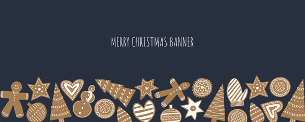 Christmas gingerbread cookie banner. Flat hand drawn xmas sale layout or background. Modern flyer template.