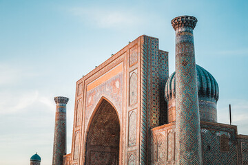 Close up view of the Registan Square in Samarkand, Uzbekistan