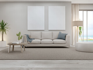 Blank picture frame near beige sofa on brown carpet of large living room in modern house or luxury pool villa. Cozy home interior 3d rendering with beach and sea view.
