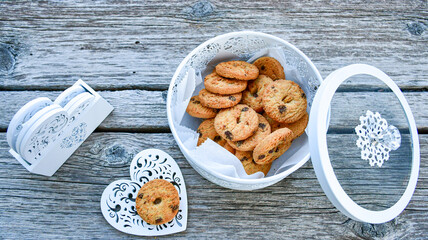  Chocolate crispy butter  italian  cookies an lavender  in romantic box on wooden background