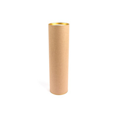 Biodegradable recyclable paper tube with metal plug end, made of kraft paper or cardboard. Isolated on white, mockup. Eco packaging or sustainable production concept