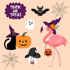 Halloween set with flamingo, 
ghosts, cat, pumpkin and bat. Vector illustrations for card, poster, banner, logo and other uses.