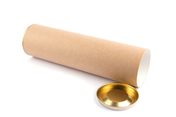 Open biodegradable recyclable paper tube with metal plug end, made of kraft paper or cardboard. Isolated on white, mockup. Eco packaging or sustainable production concept