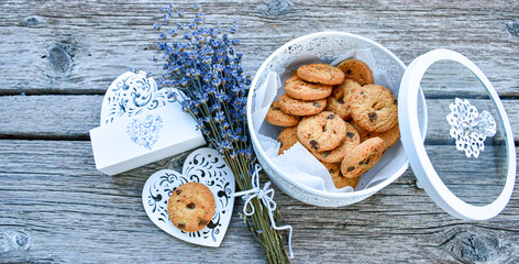  Chocolate crispy butter  italian  cookies an lavender  in romantic box on wooden background