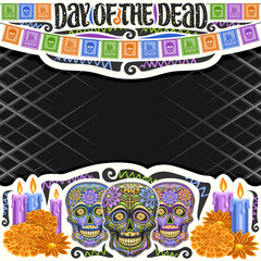 Vector frame for Day of the Dead with copyspace, decorative cut paper square layout with illustration of black scary skull, burning candles, colorful flags and unique letters for words day of the dead
