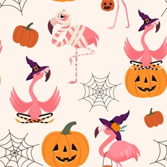 Halloween pattern with flamingo, pumpkin and web. Vector seamless texture.