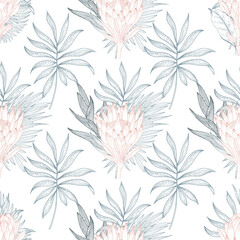 Abstract seamless pattern with tropical leaves. Vector template.