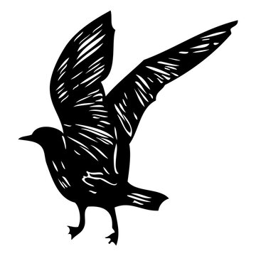 Black seagull, hand drawn strokes marine sea gull bird. Drawing sketch. Inspirational body or flesh sailor tattoo. Nautical vector.