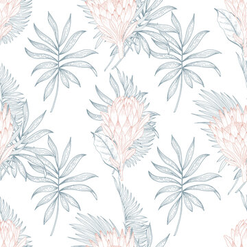 Abstract seamless pattern with tropical leaves. Vector template.