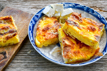 Bakery. Home made cheese pie with phyllo pastry and organic eggs. Bulgarian banitsa