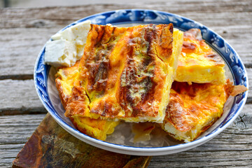 Bakery. Home made cheese pie with phyllo pastry and organic eggs. Bulgarian banitsa