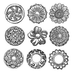 Set of vintage style floral circular cast stone design elements. Marble rosettes drawing for fashionable pattern in black white for textile, scarves, backgrounds. Vector.