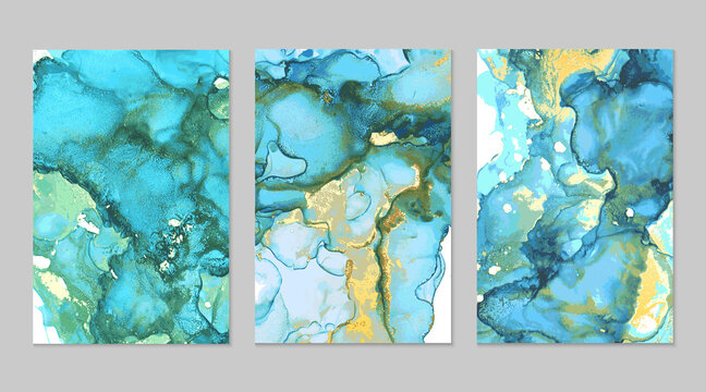 Teal, blue and gold marble abstract background set. Alcohol ink technique vector stone textures. Modern paint in natural colors with glitter. Template for banner, poster design. Fluid art painting