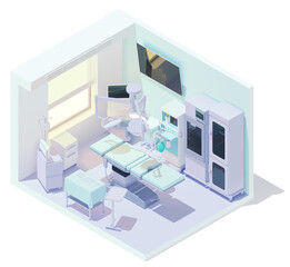Vector isometric low poly hospital operating room or operating theater. Clinic surgery room. Includes operating table, anesthesia machine and other surgical equipment